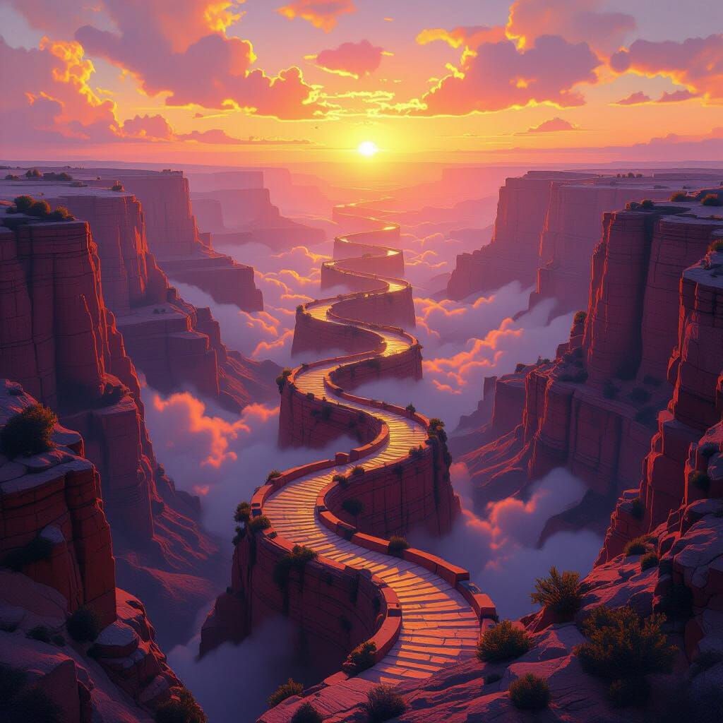 Dreamlike Canyon with Spiraling Staircases as Digital Oil Pa...