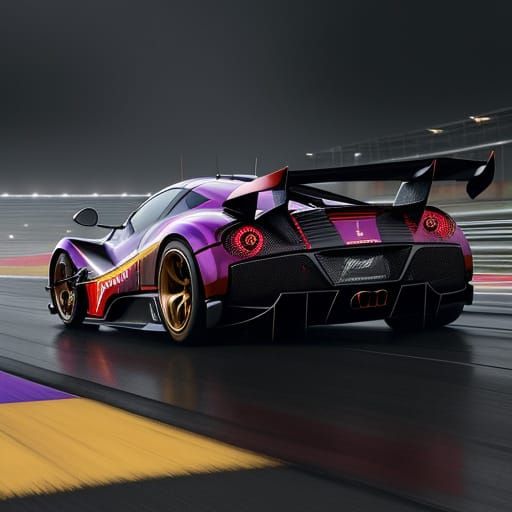 Red Pagani Zonda Races on Stormy Track - Dark Fantasy Art