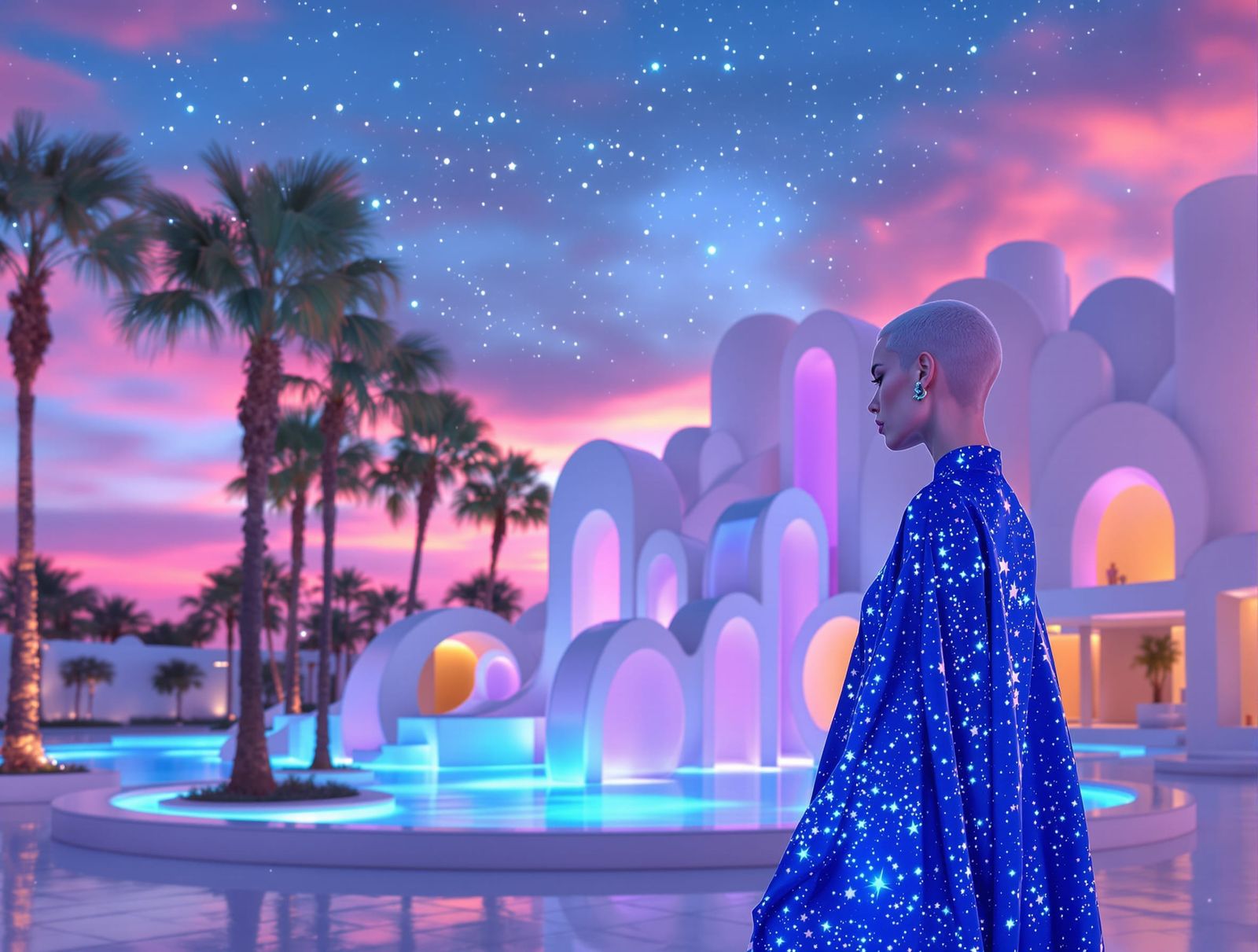 Redhead Lady in Sparkly Kaftan by Bioluminescent Pool at Sun...
