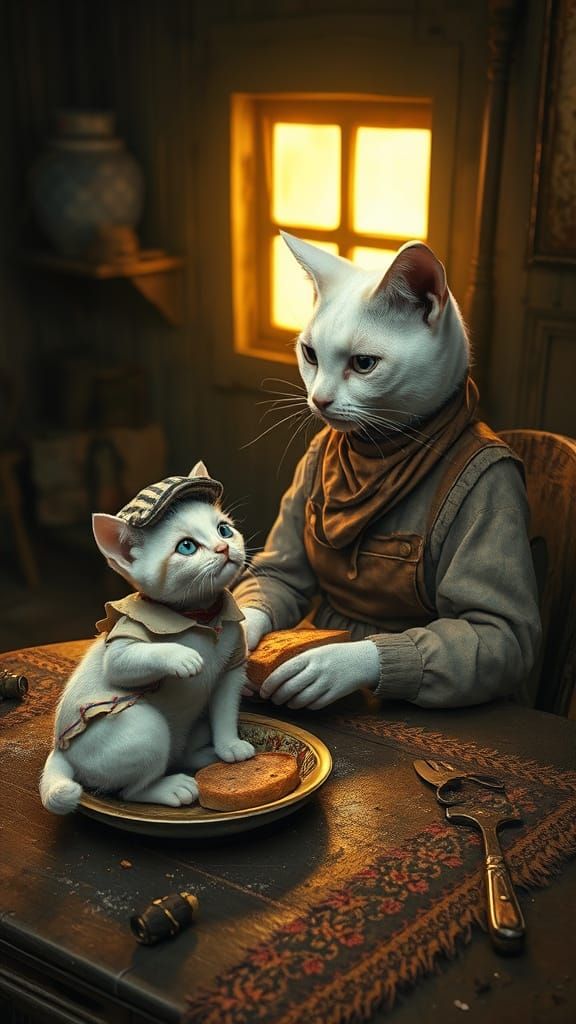 Cozy Mother and Kitten in Rustic Home