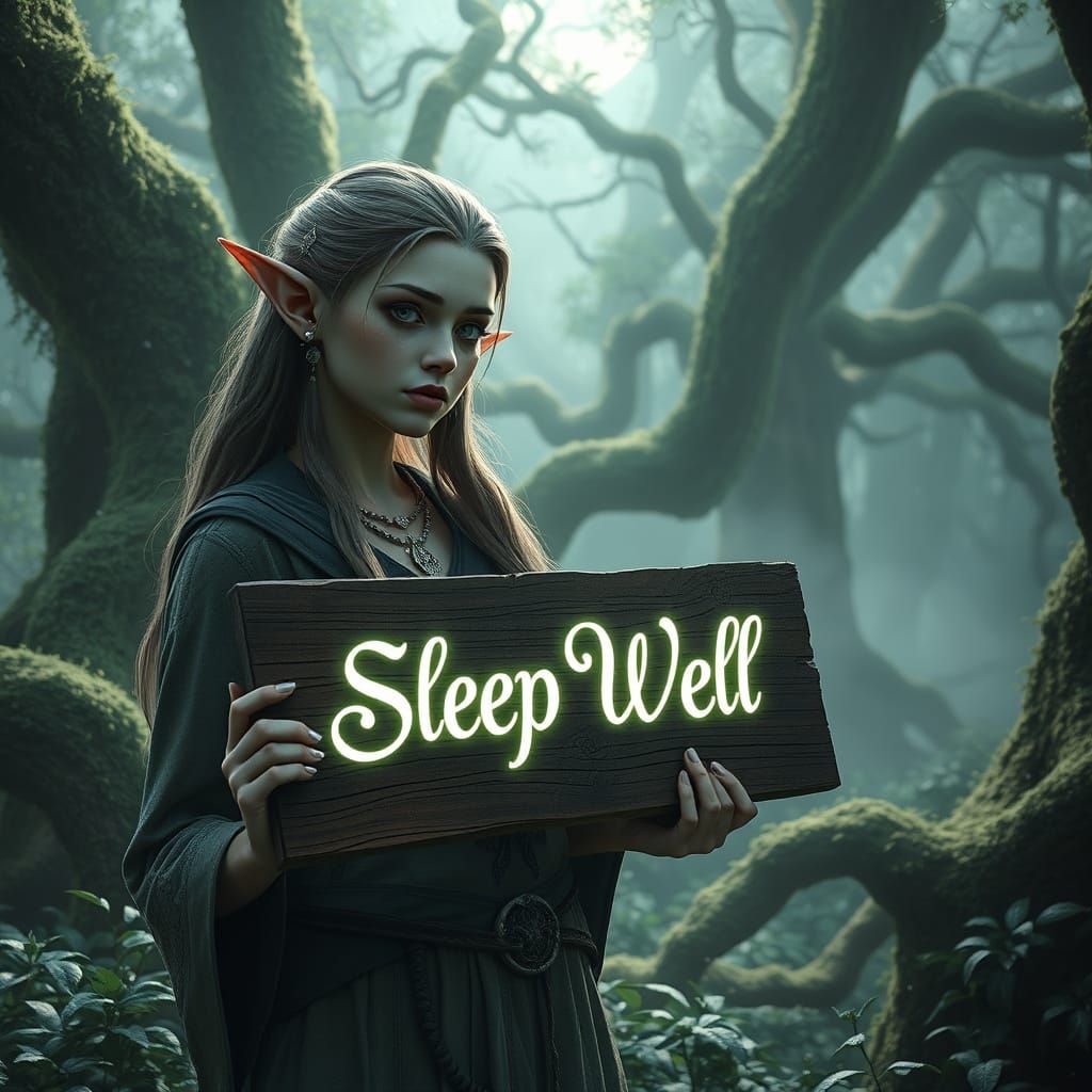 Elf Holding 'Sleep Well' Sign in Magical Forest