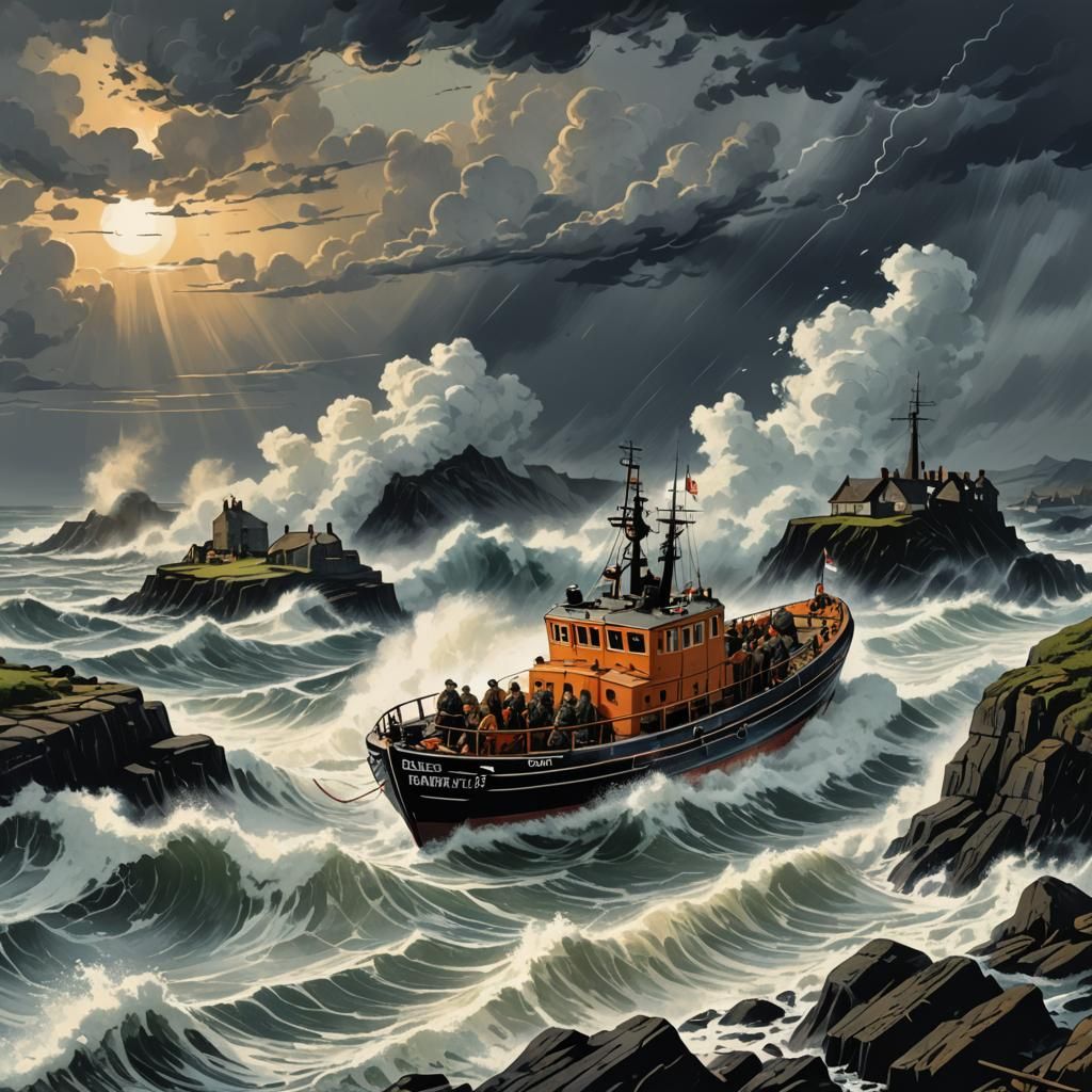 Lifeboat Launch in Stormy Sea, Comic Book Art
