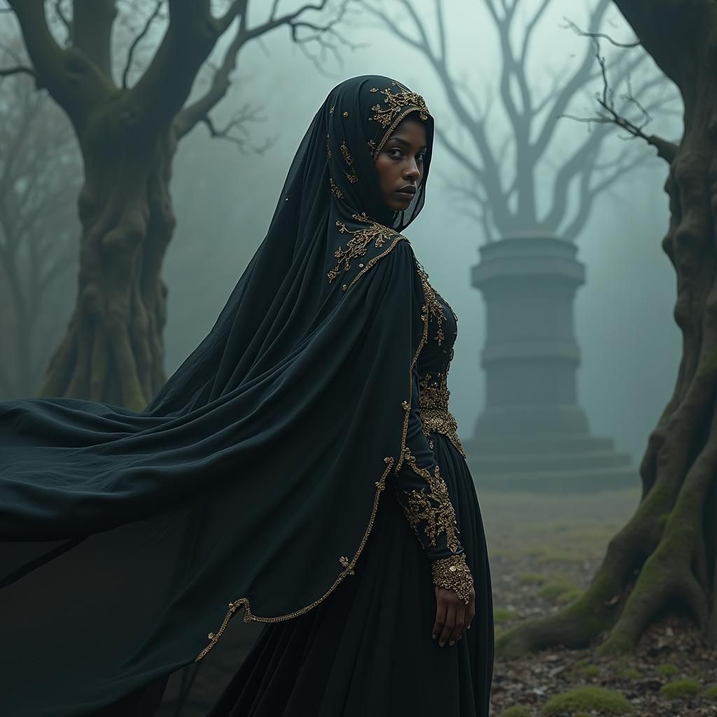 Mysterious Veiled Woman Disappearing into Misty Horizon