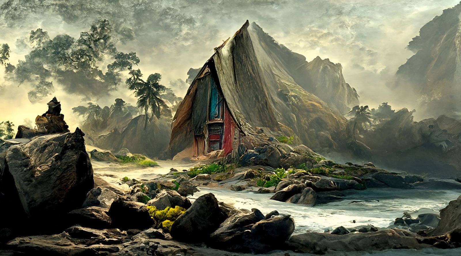 Balinese Beach Shelter: Hyperrealistic Oil Painting