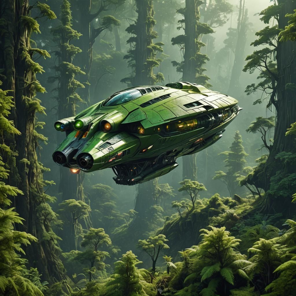 Green Spaceship Lands on Alien Forest Planet