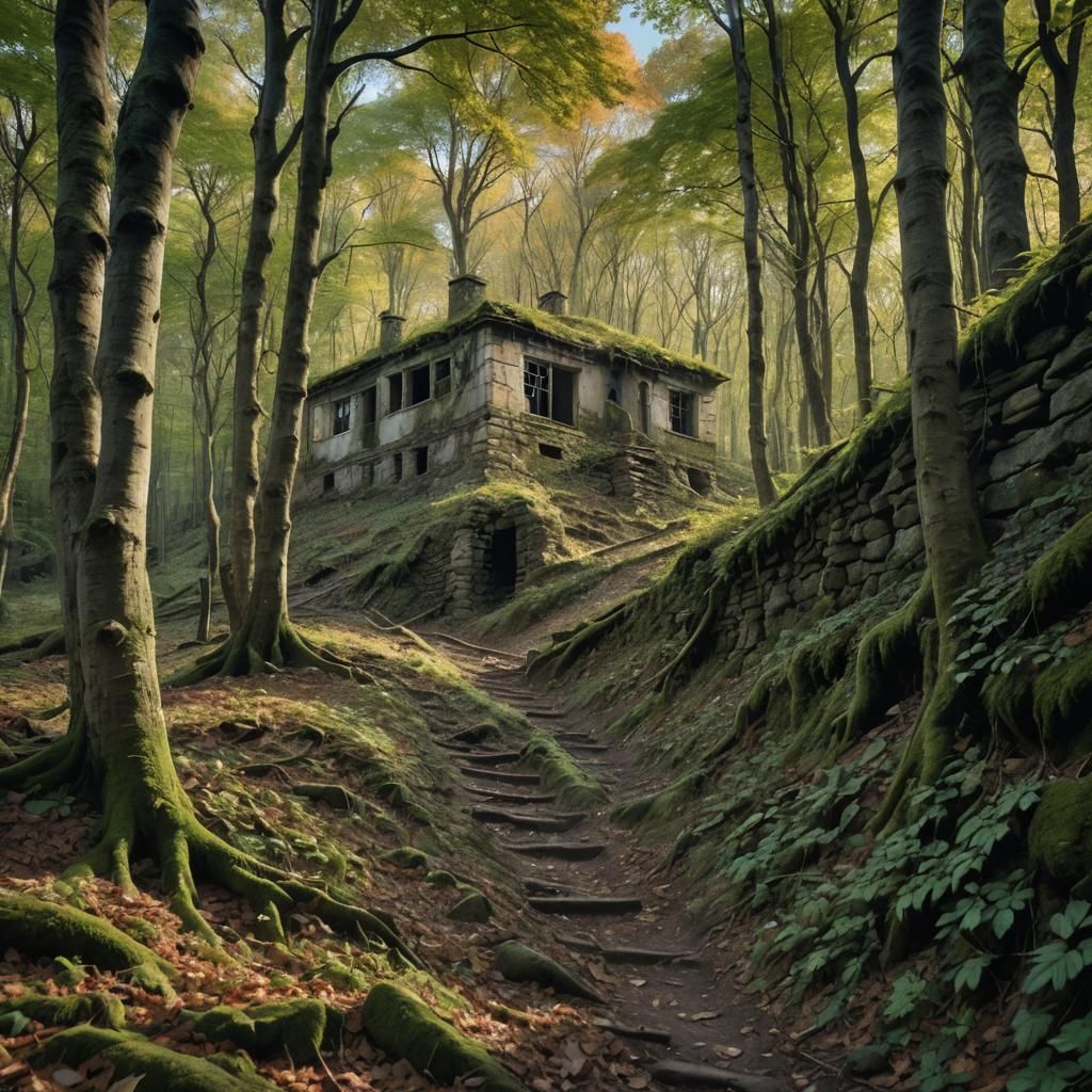 Mysterious Forest Path with Ruined House