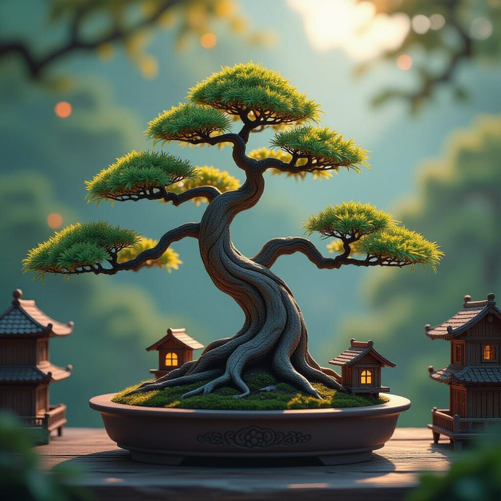 Glowing Bonsai Tree with Miniature Houses