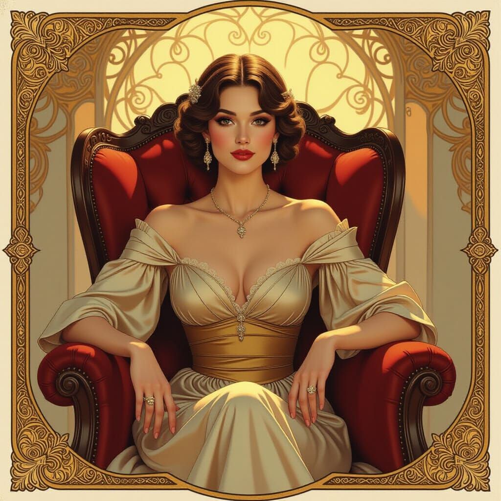 Elegant Woman in Vintage Chair, Art Nouveau Style