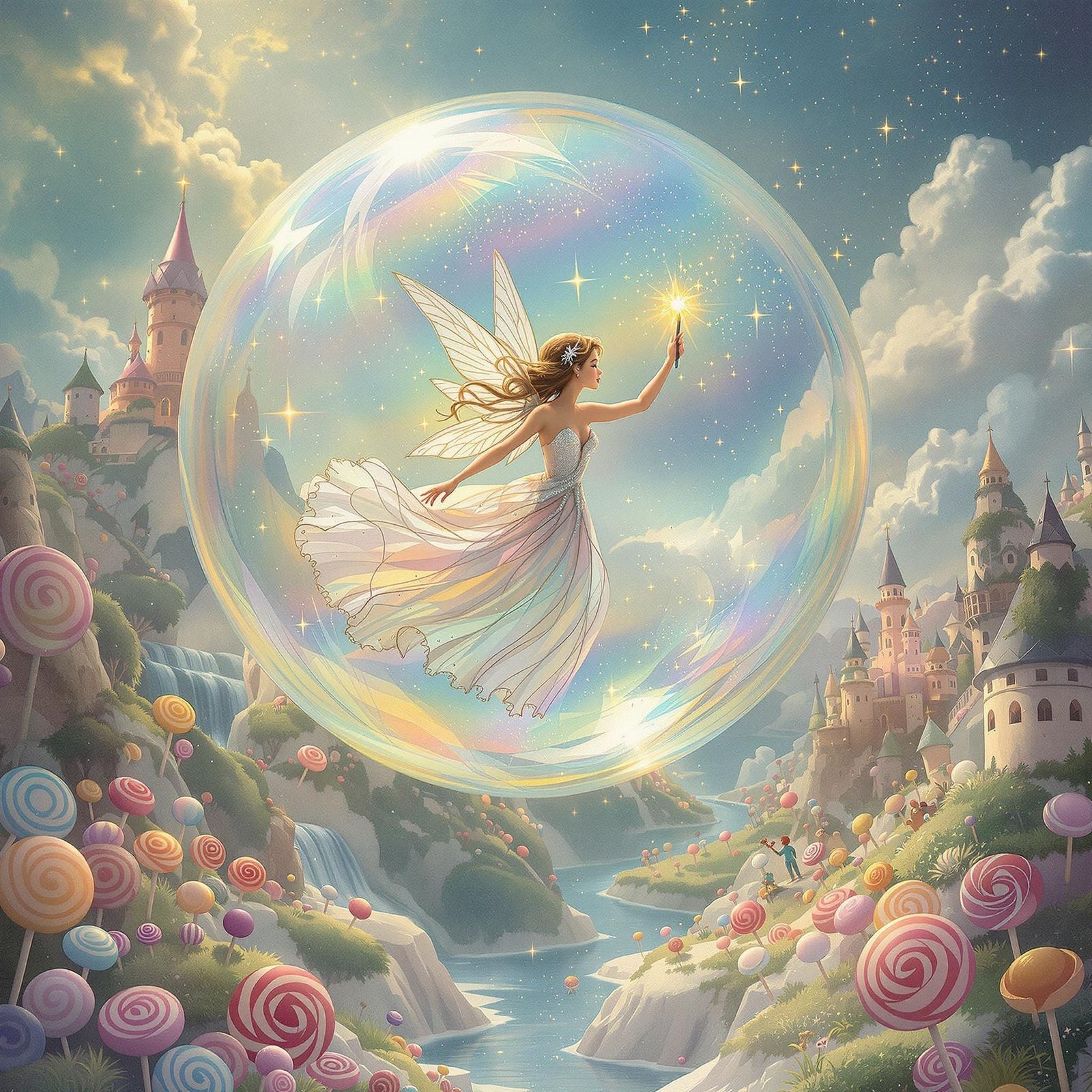 Pixie Riding Bubble in Candy Land, Fairy Tale Art