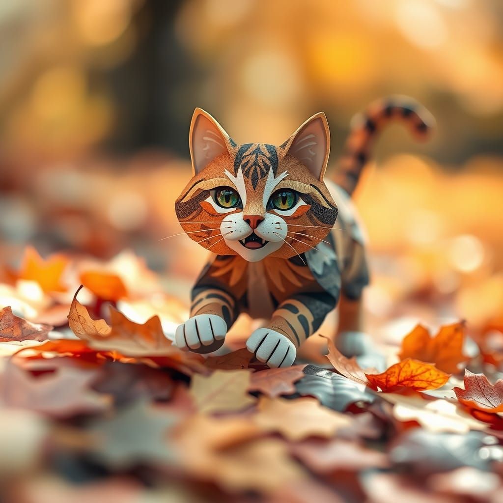 Paper Collage Cat Pouncing in Autumn Leaves