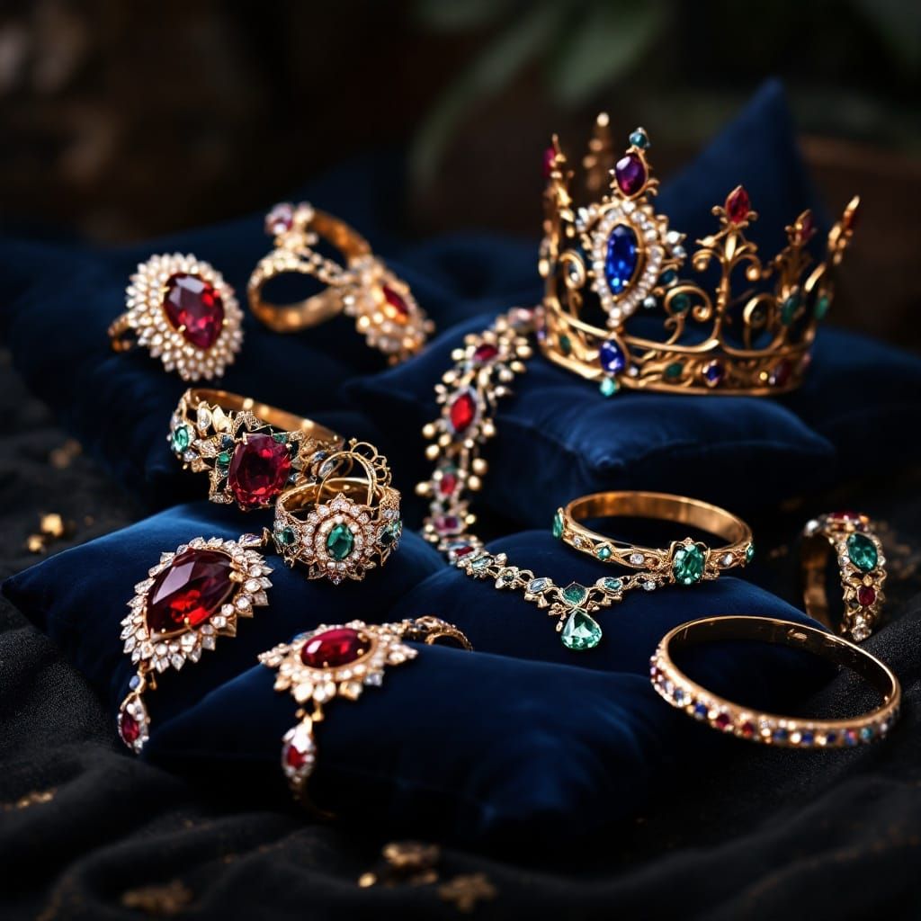 Regal, Ornate Jewelry Pieces in High-Fantasy Style