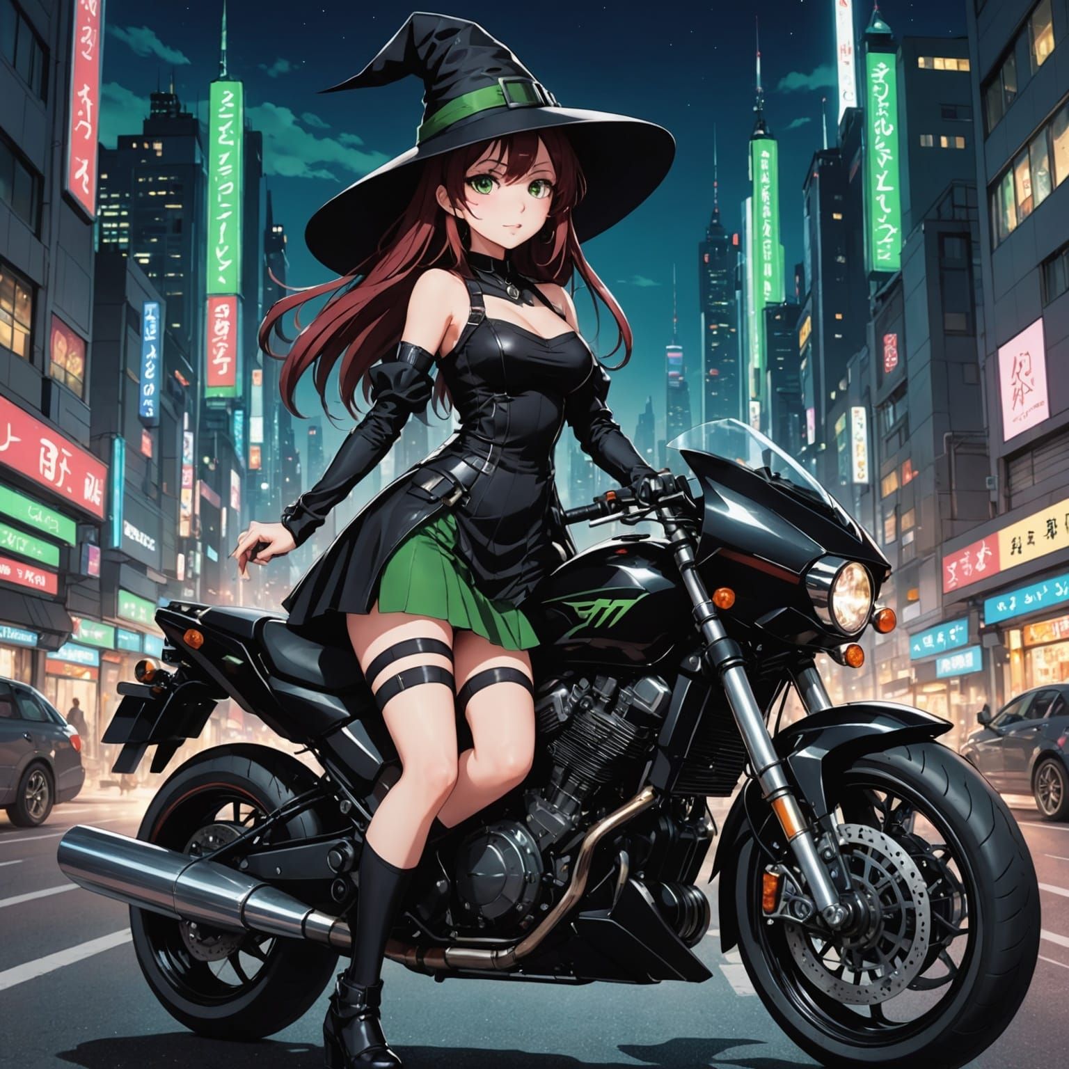 Anime Woman on Flying Motorcycle in Cityscape