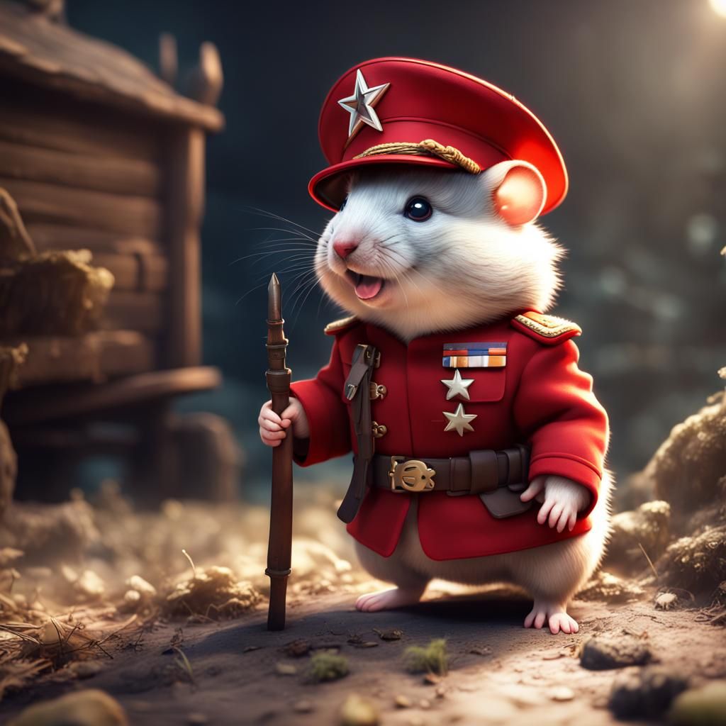 Hamster Cub in Red Army Uniform, Detailed Painting