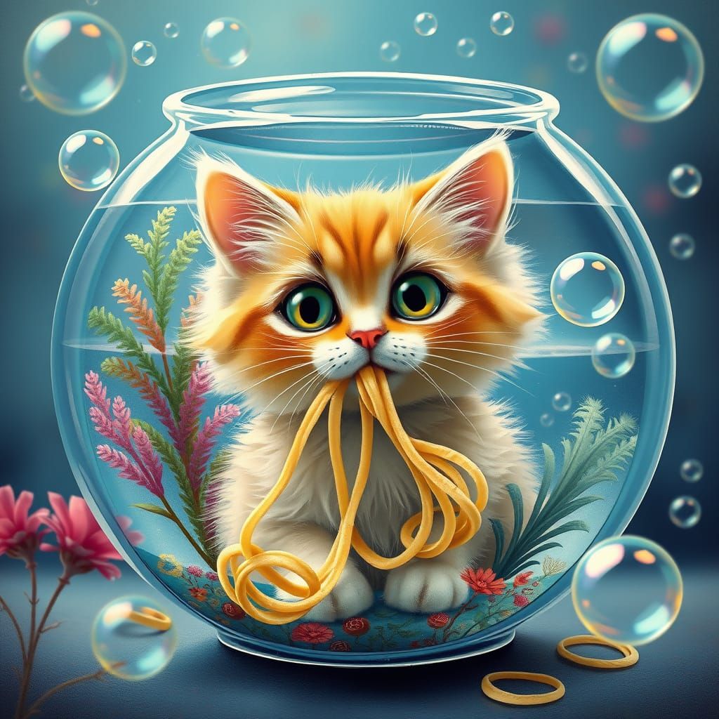Whimsical Cat in a Fish Bowl Pasta Scene
