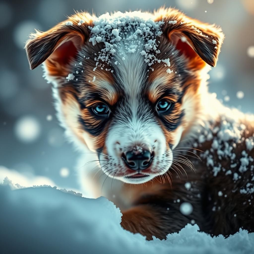 Hyperrealistic Puppy in Snow: Splash Art Concept