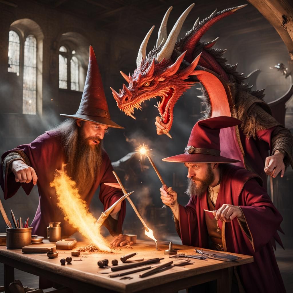 Wizards Conjuring Dragon in Hotel Workshop