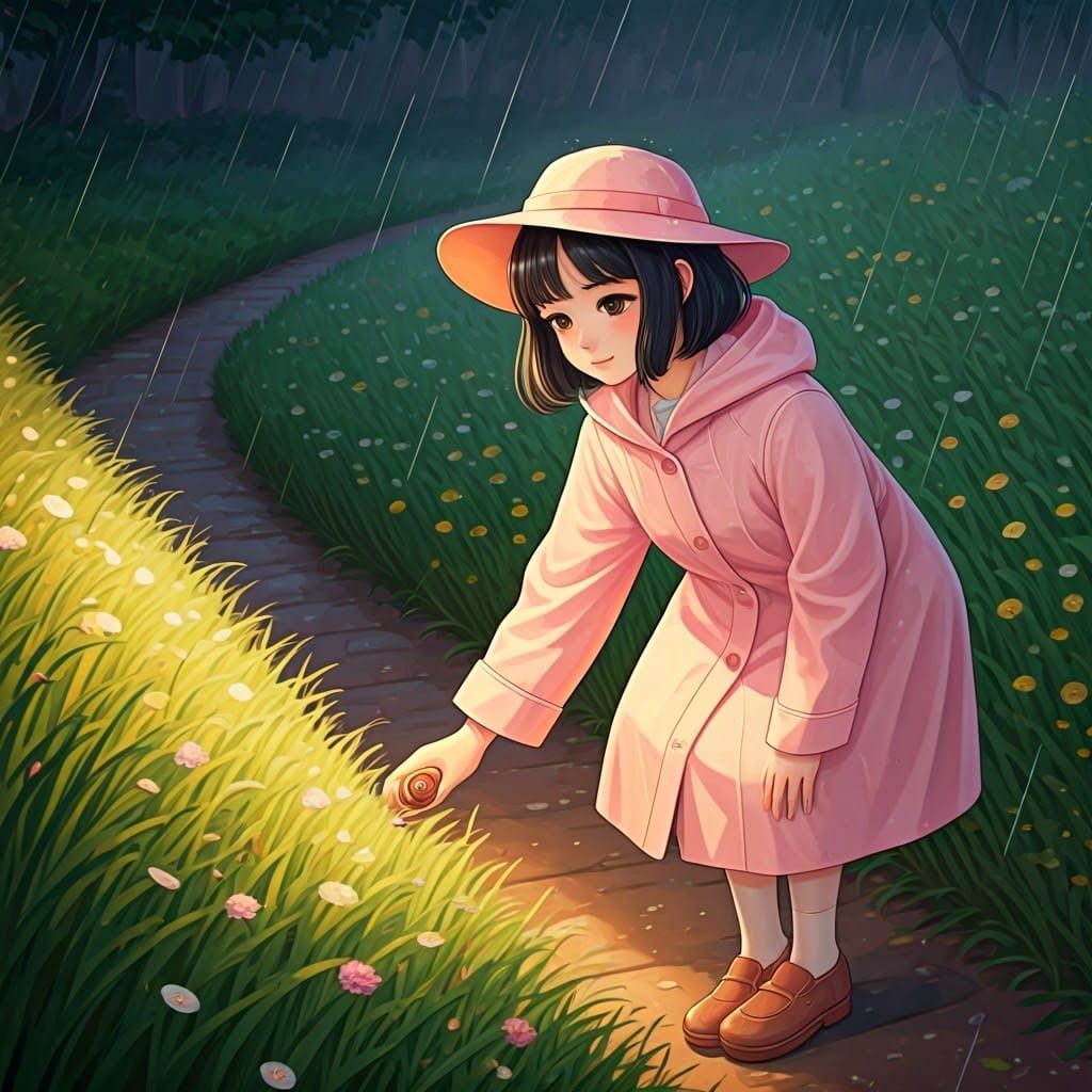 Anime Woman Safely Places Snail in Lush Green Grass