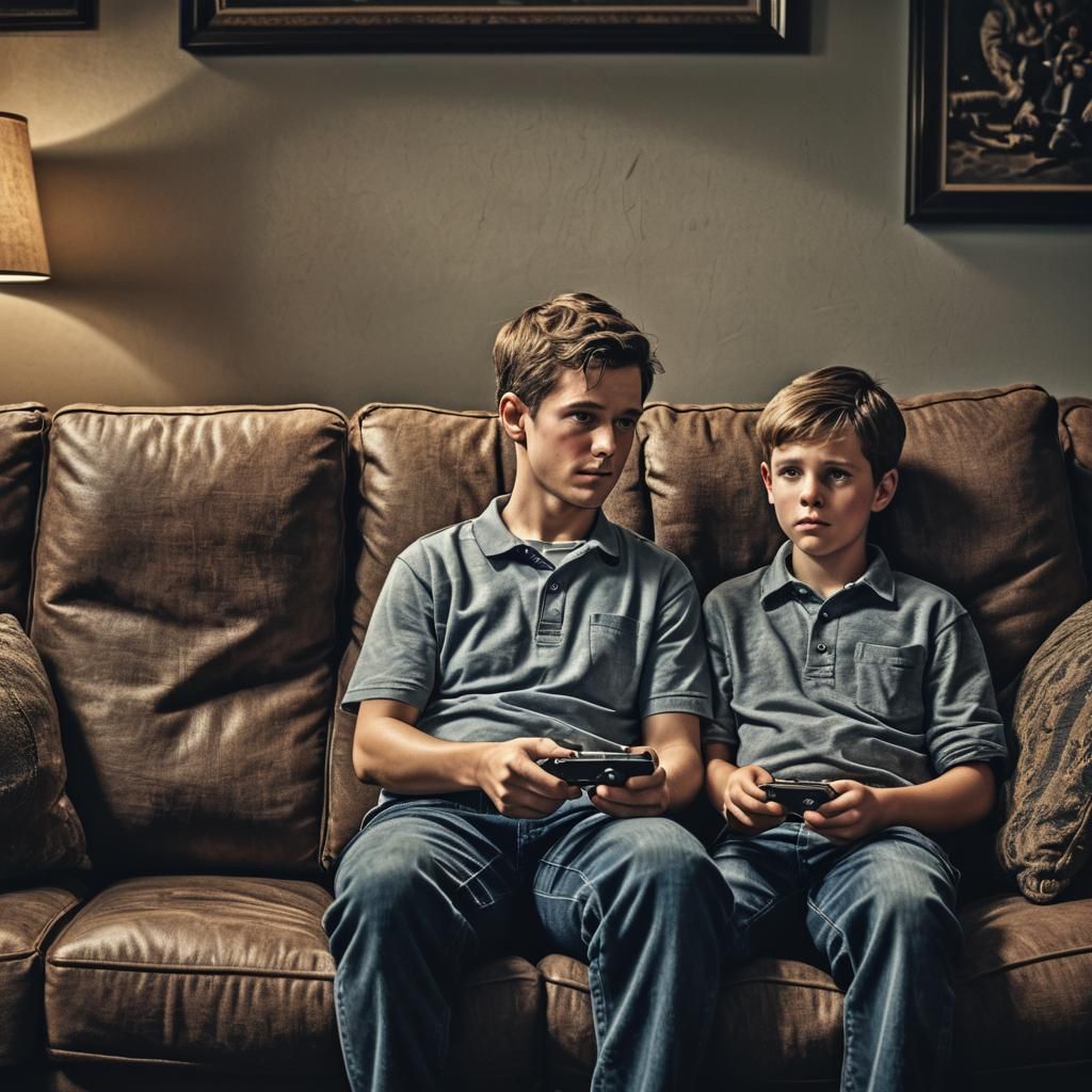 Hyperrealistic Father and Son Watching TV