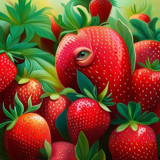 Hyperrealistic Strawberry Chicken in Strawberry Patch