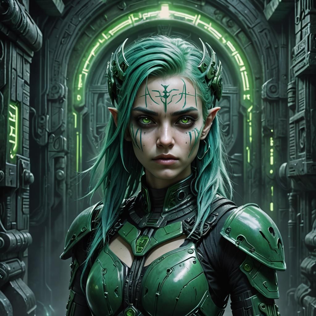 Green-Haired Warrior in Dark Techno-Fantasy City