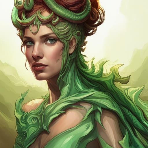 Green Dragon Woman Portrait in Art Nouveau Style