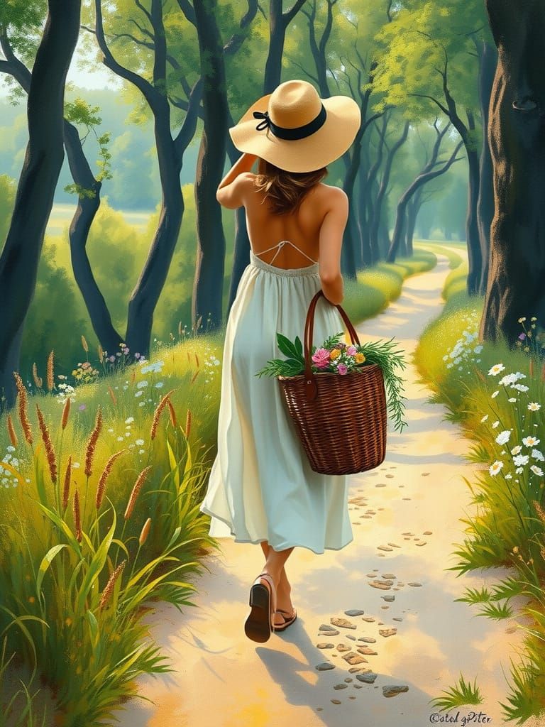 Woman Walking with Flowers in Impressionist Style