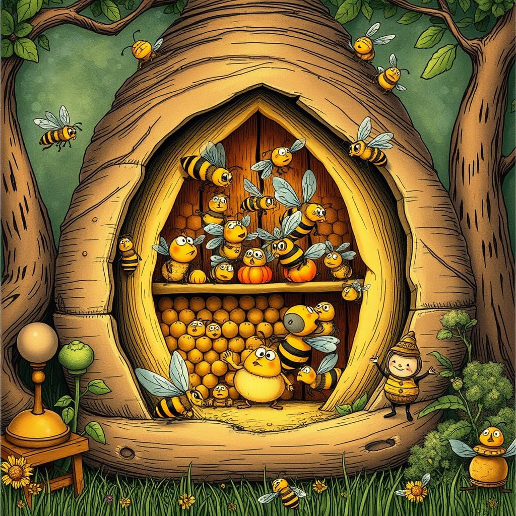 Whimsical Cutaway Illustration of a Busy Bee Hive