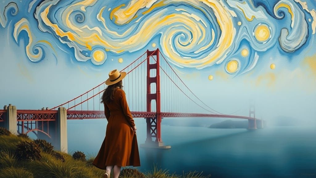 Vibrant Bay Bridge Impasto Painting in Whirling Fog