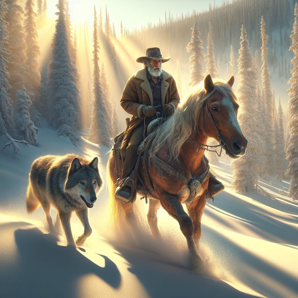 Cowboy and Wolf Ride Through Snowy Mountains
