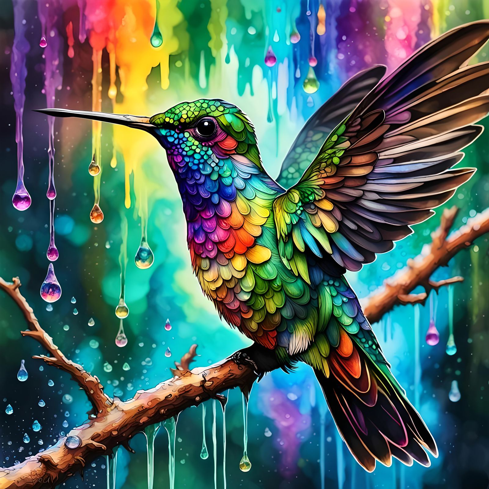 Rainbow Hummingbird in Magical Forest: Mixed Media Art