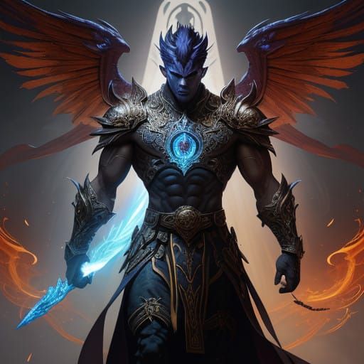 Epic Blue Dragon Fantasy Warrior with Flaming Wings and Grea...