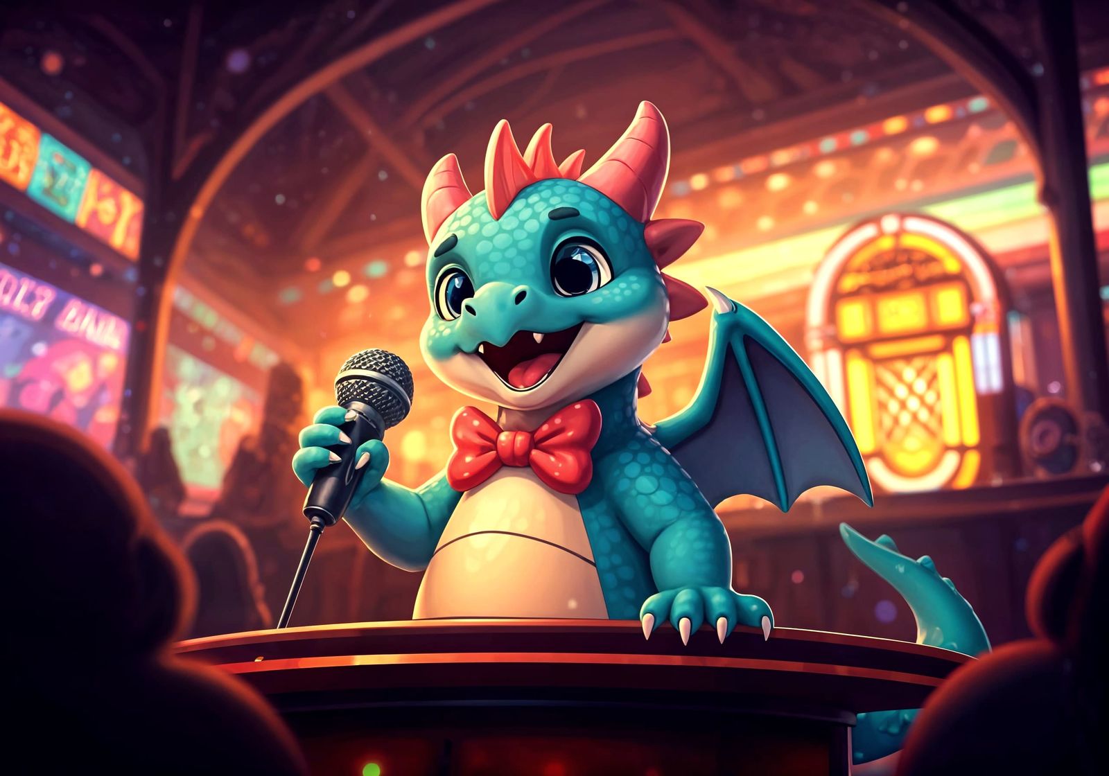 Cute Dragon at Karaoke Bar in Kawaii Art Style