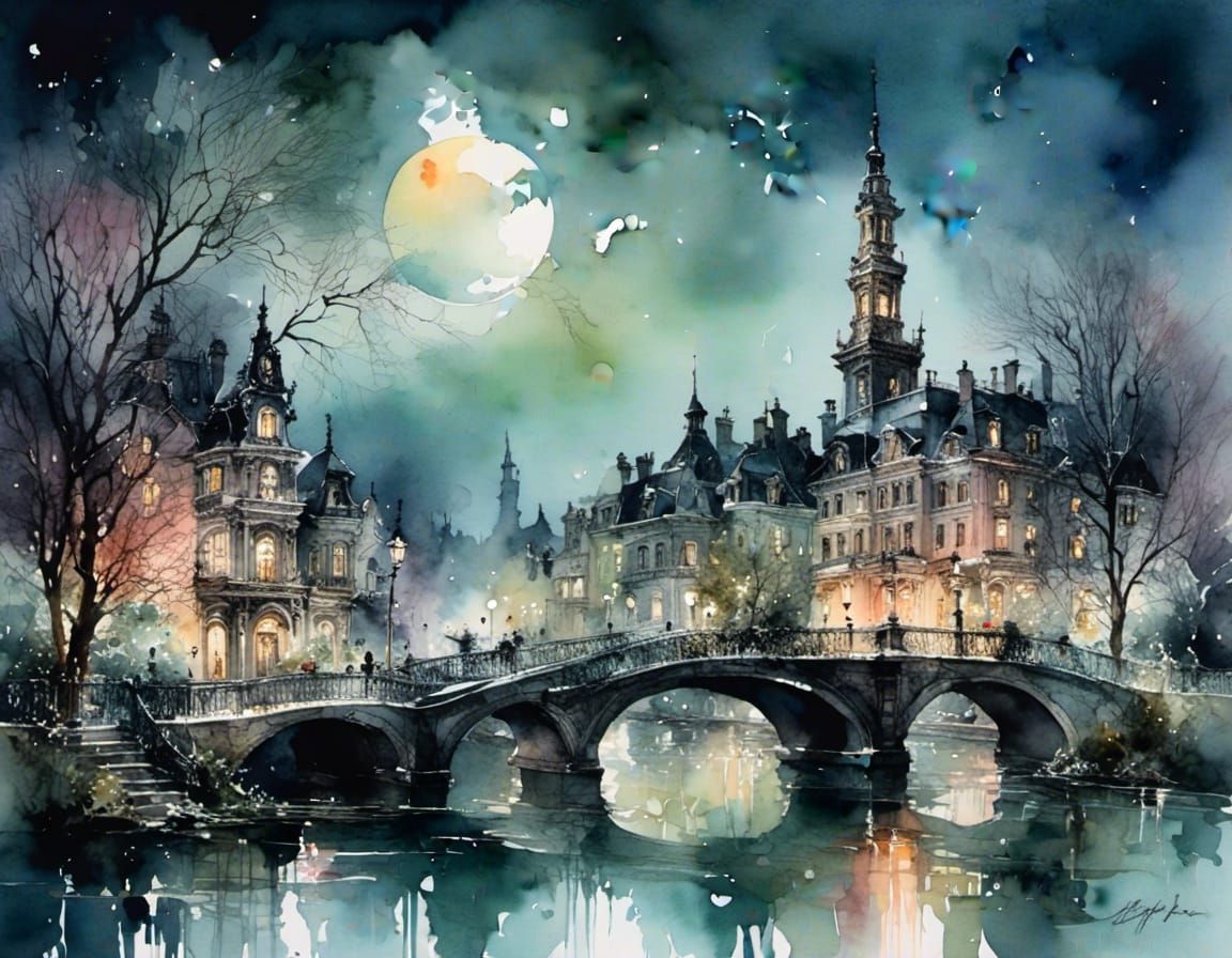 Nighttime Cityscape on Water: Watercolor Painting