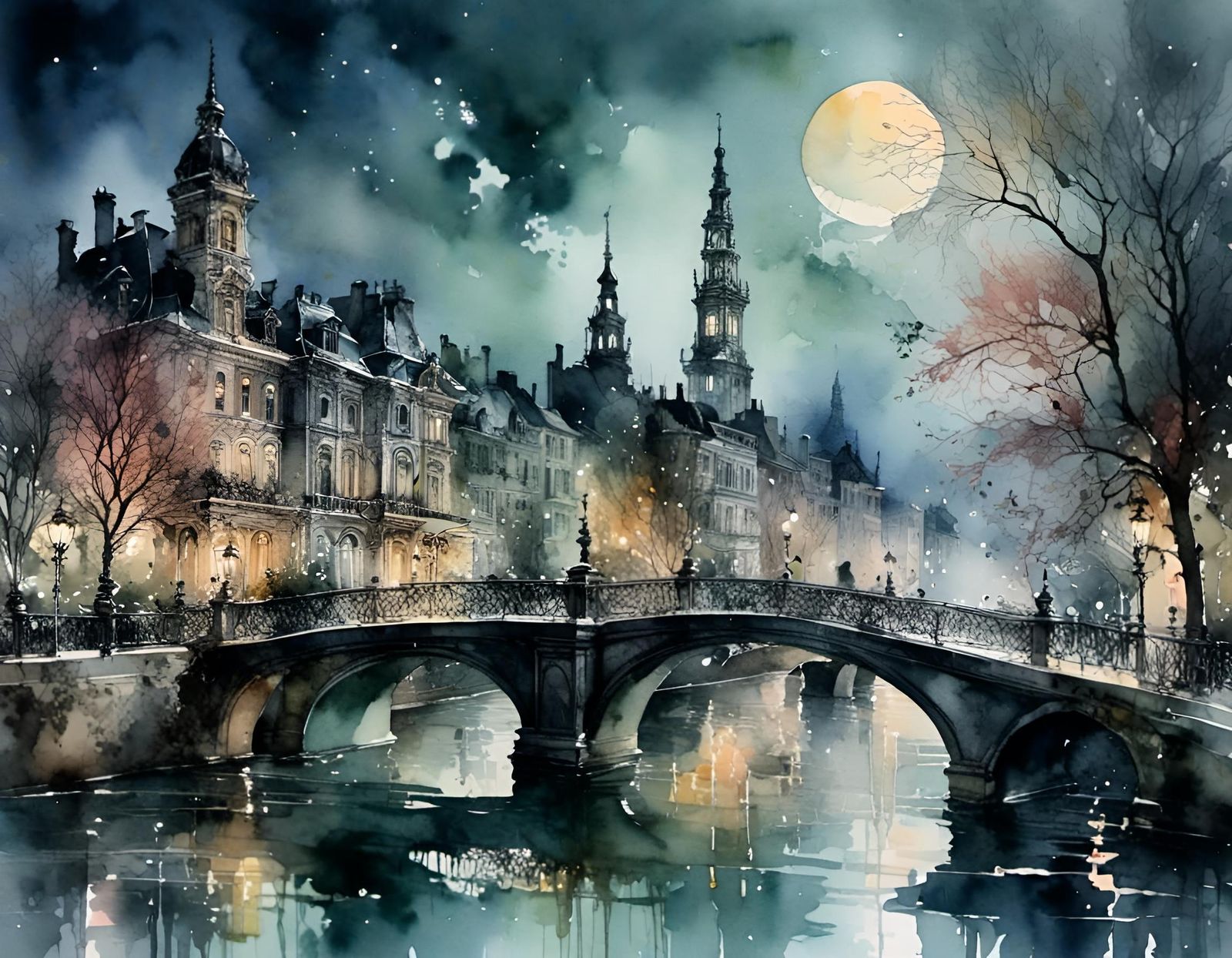 City at Night on the Water: Watercolor Painting