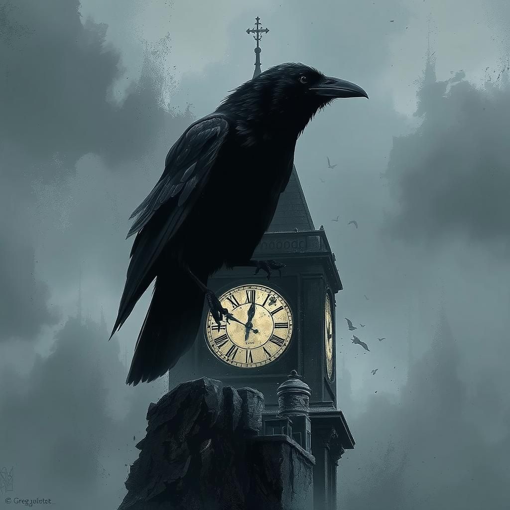 Sinister Raven on Clock Tower in Dark Fantasy Style