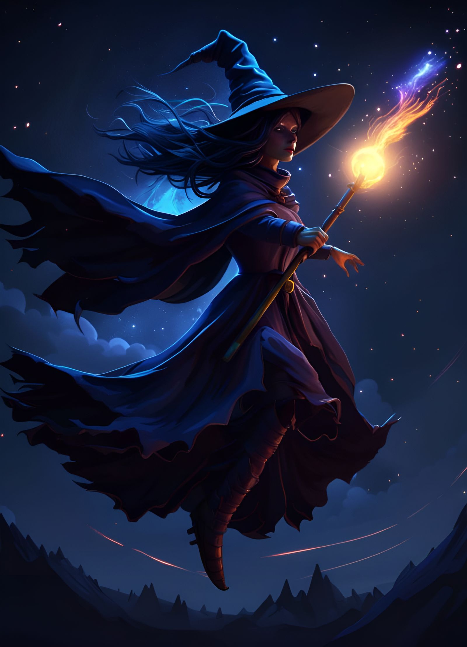 Witch Soaring Through Night Sky in 4K Render