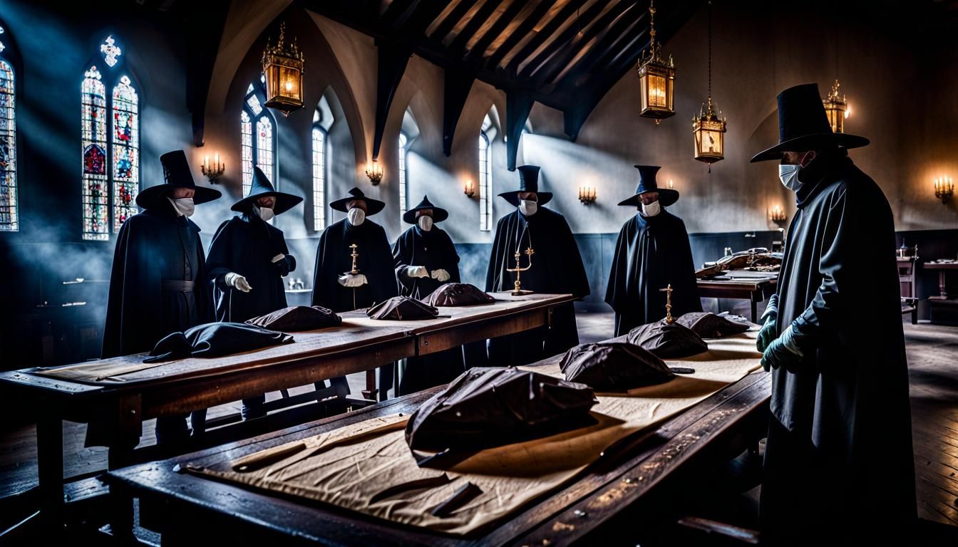 Medieval Plague Doctors Examine Patients in Hall