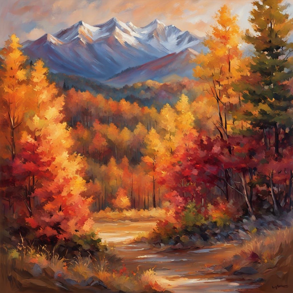 Vibrant Autumn Landscape Painting with Mountains and Wind