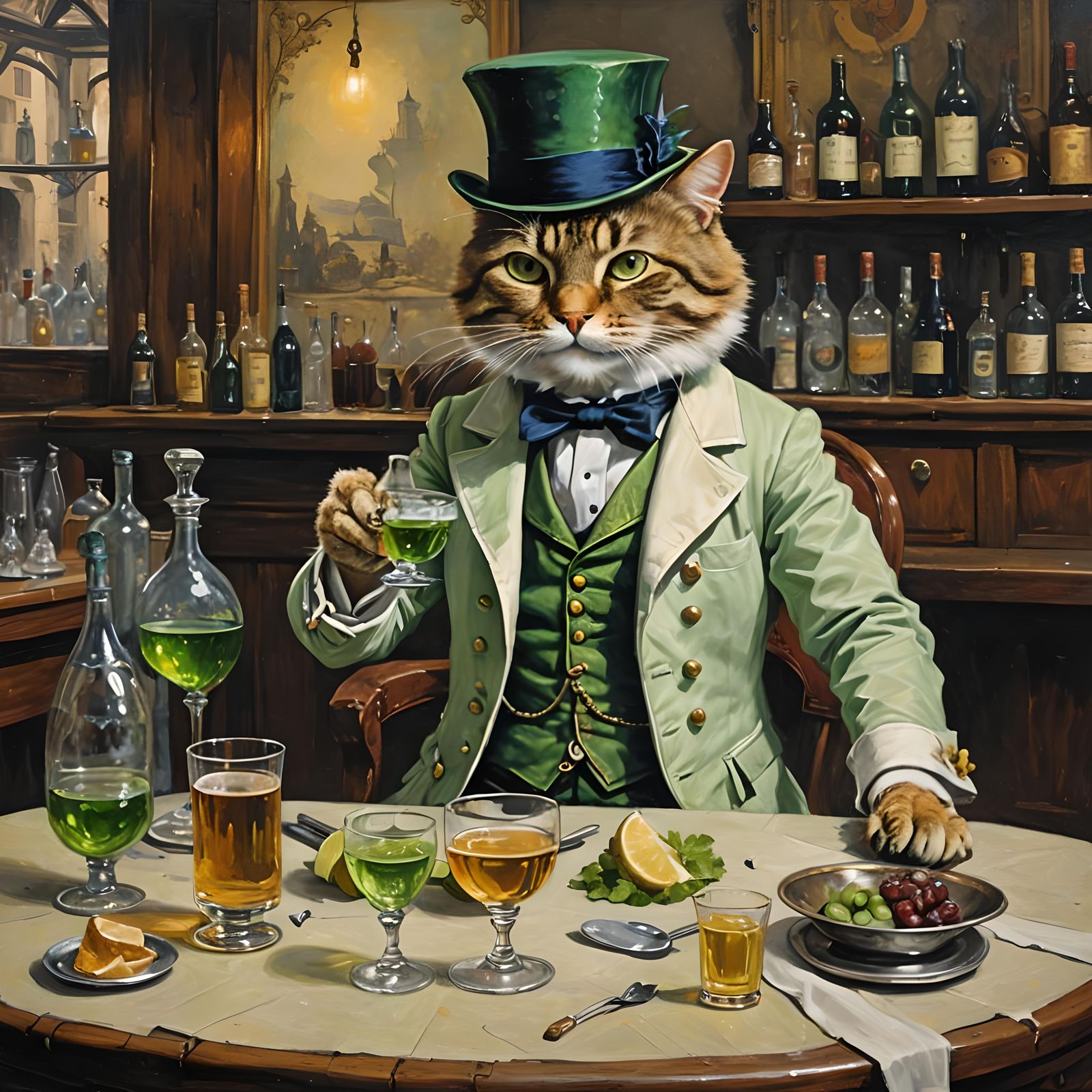 Dandy Cat Sipping Absinthe in Romantic Oil Painting