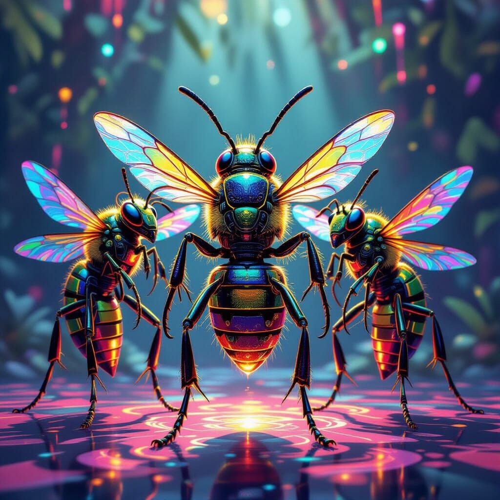 Cyborg Wasps Dance in Futuristic Neon Style