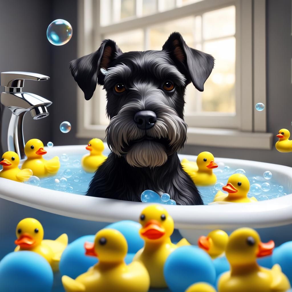 Miniature Schnauzer's Bubble Bath: Hyperrealistic Art