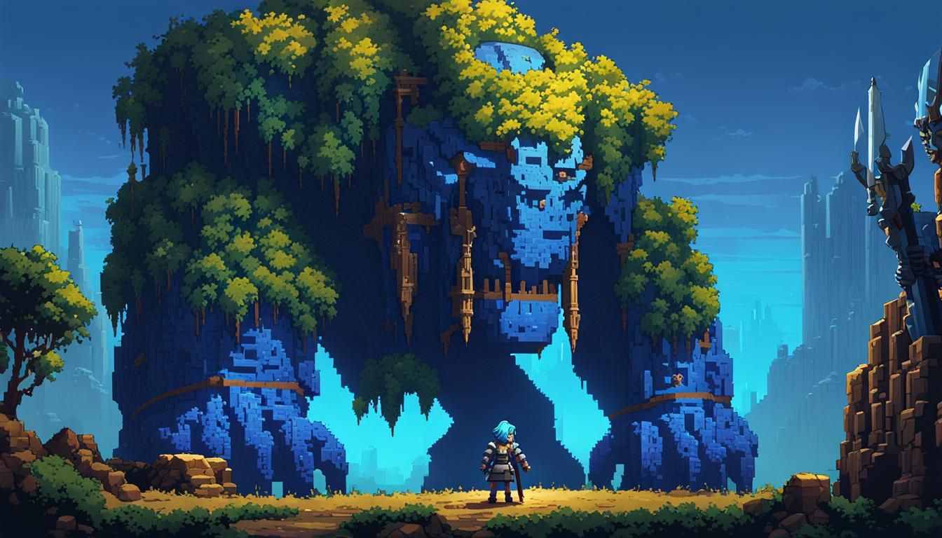 Golem and Warrior in Pixel Art Dark Fantasy