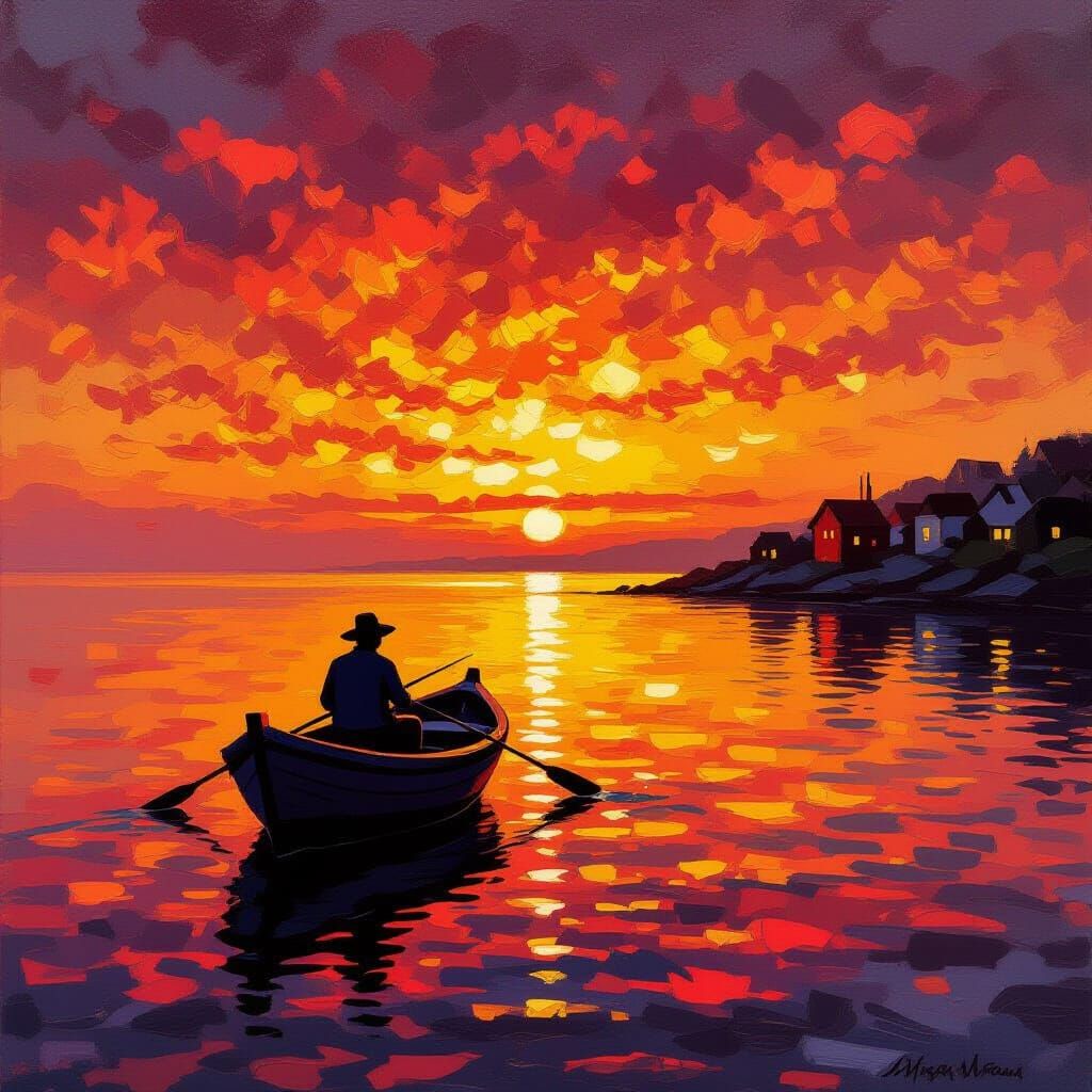 Fisherman's Fiery Sunset Over Calm Ocean