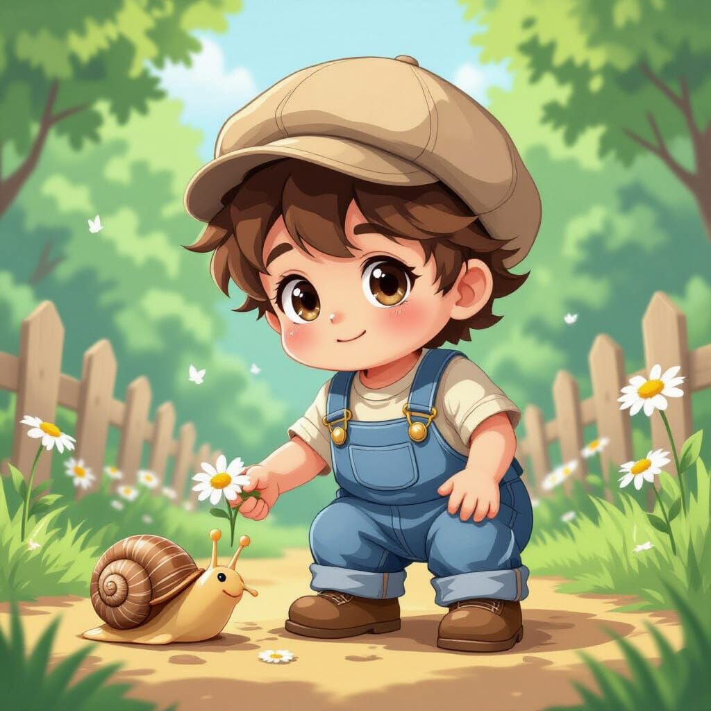 Victorian Boy Gently Pokes Snail With Daisy