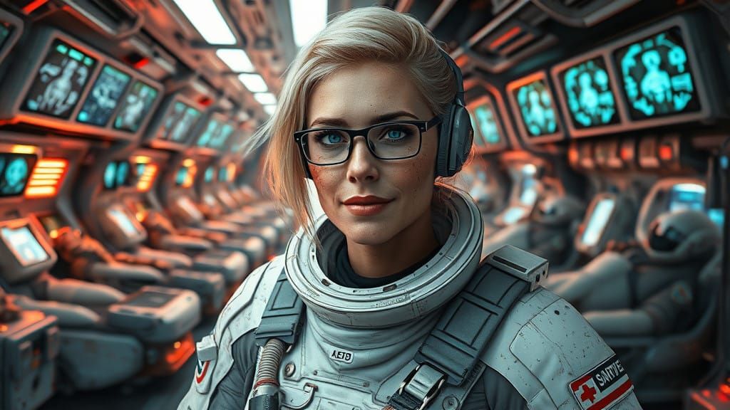 Photorealistic Female Sci-Fi Medic in Futuristic Med Bay