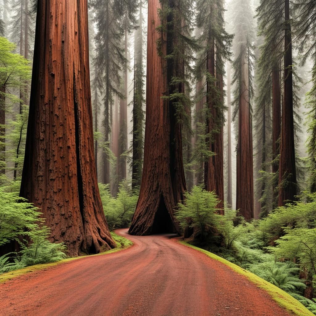 Giant Redwood Forest With Winding Paths