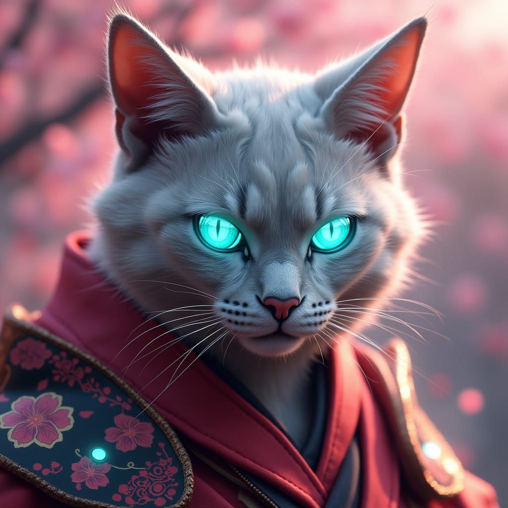 Cyberpunk Warrior Cat Avatar in Luxurious Red Kimono