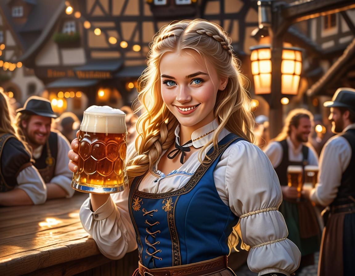Bavarian Waitress with Beer in Medieval Village