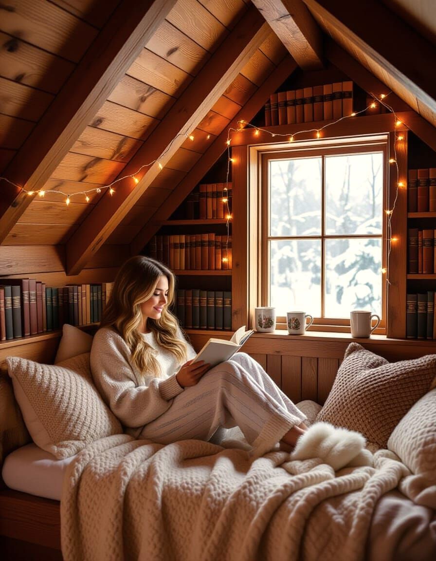 Cozy Attic Reading Nook at Golden Hour
