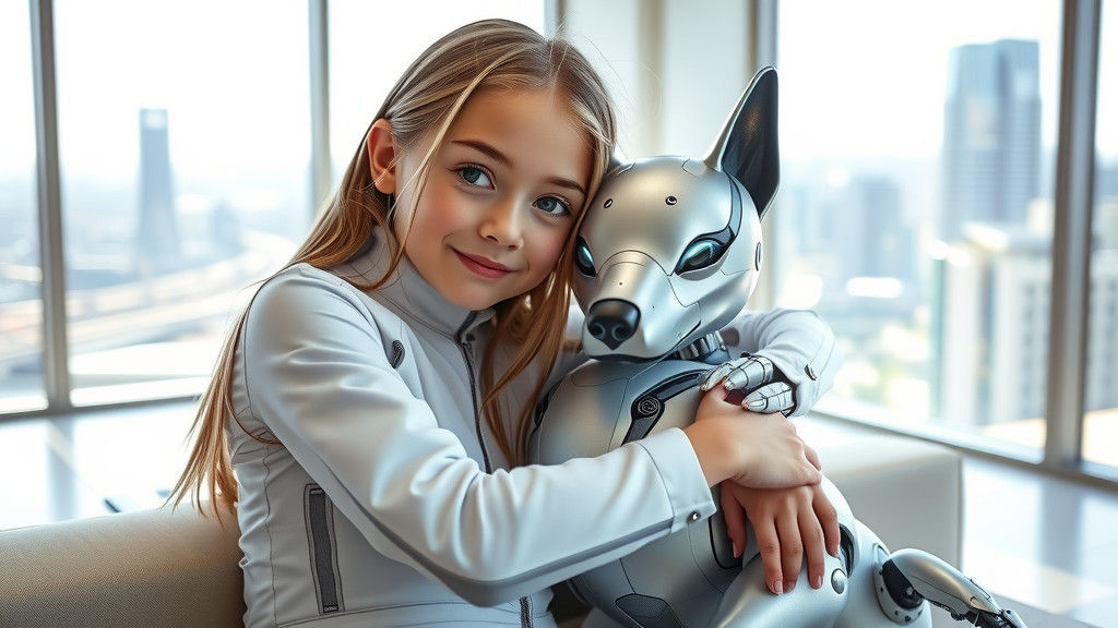 Girl and Robot Dog in Futuristic Apartment